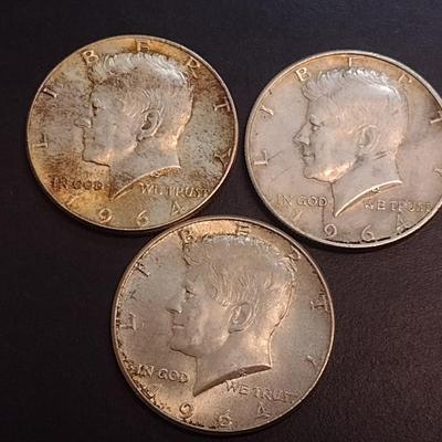 Set of Three 1964 U. S. Mint Kennedy Silver Half Dollars Circulated (74)