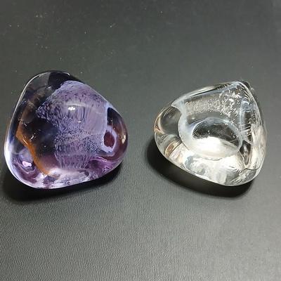 Signed Caithness Scotland Purple Pebble Glass Paperweight with clear signed pebble paperweight