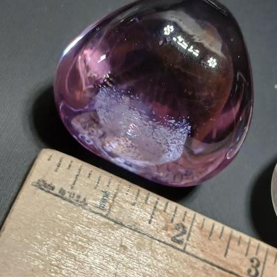 Signed Caithness Scotland Purple Pebble Glass Paperweight with clear signed pebble paperweight