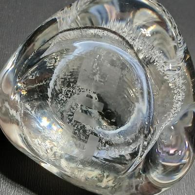 Signed Caithness Scotland Purple Pebble Glass Paperweight with clear signed pebble paperweight