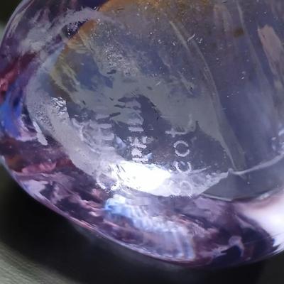 Signed Caithness Scotland Purple Pebble Glass Paperweight with clear signed pebble paperweight