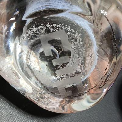 Signed Caithness Scotland Purple Pebble Glass Paperweight with clear signed pebble paperweight