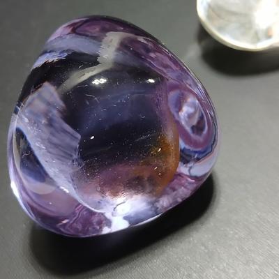 Signed Caithness Scotland Purple Pebble Glass Paperweight with clear signed pebble paperweight