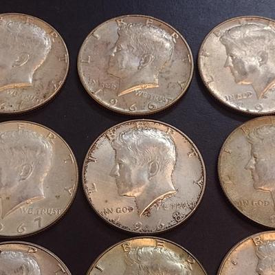 Set of Ten 1965-1969 U. S. Mint Kennedy Silver Half Dollars Circulated (75)