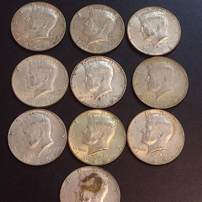 Set of Ten 1965-1969 U. S. Mint Kennedy Silver Half Dollars Circulated (75)