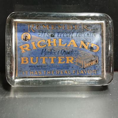Antique Richland Butter glass paperweight It has the real flavor! Hilmer Com. Co. St Luis It's a real treat to eat!