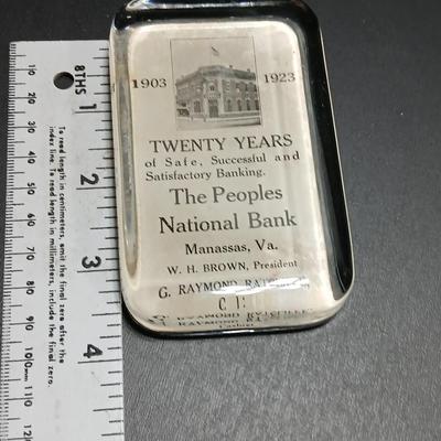 Antique The Peoples National Bank glass paperweight 1903-1923 Manassna Va.