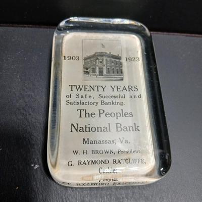 Antique The Peoples National Bank glass paperweight 1903-1923 Manassna Va.