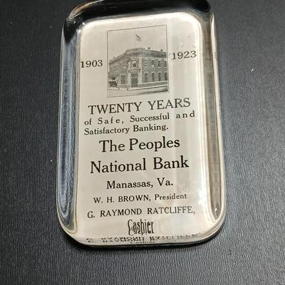 Antique The Peoples National Bank glass paperweight 1903-1923 Manassna Va.