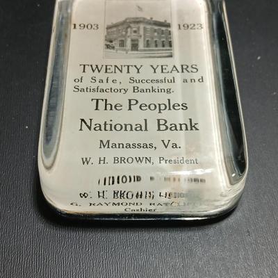 Antique The Peoples National Bank glass paperweight 1903-1923 Manassna Va.