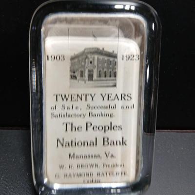 Antique The Peoples National Bank glass paperweight 1903-1923 Manassna Va.