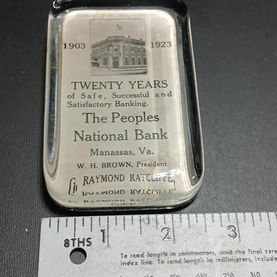 Antique The Peoples National Bank glass paperweight 1903-1923 Manassna Va.