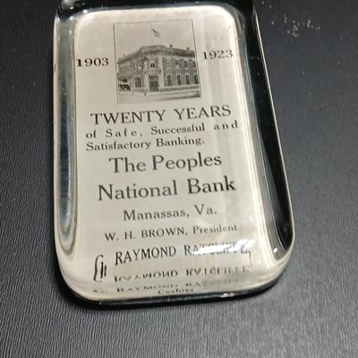 Antique The Peoples National Bank glass paperweight 1903-1923 Manassna Va.