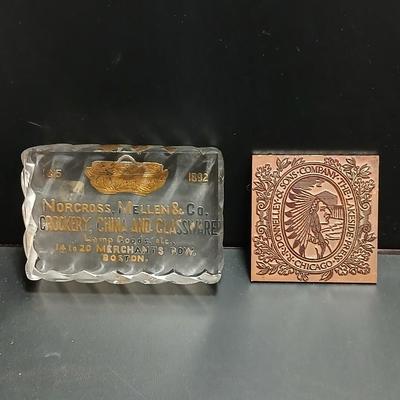 Native American Chief ink block Kopper Kard Lakeside Press Chicago and a Norcross Mellen & CO. 1892 Boston Mass. paperweight...