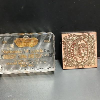 Native American Chief ink block Kopper Kard Lakeside Press Chicago and a Norcross Mellen & CO. 1892 Boston Mass. paperweight...
