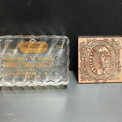 Native American Chief ink block Kopper Kard Lakeside Press Chicago and a Norcross Mellen & CO. 1892 Boston Mass. paperweight...