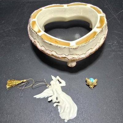 Heart Flowerpot Center Piece and Angel Christmas Ornament and a vintage beetle pin / brooch