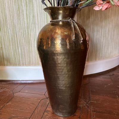 Vintage Large Hammered Brass Vase with Rope Decoration