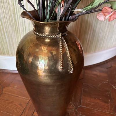 Vintage Large Hammered Brass Vase with Rope Decoration