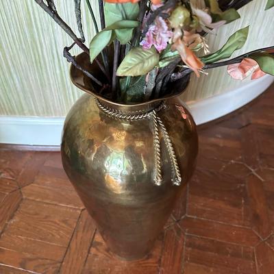 Vintage Large Hammered Brass Vase with Rope Decoration