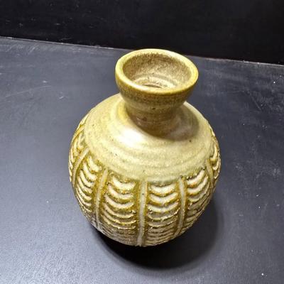 Small Green toned pottery Vases - one signed on base