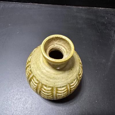 Small Green toned pottery Vases - one signed on base