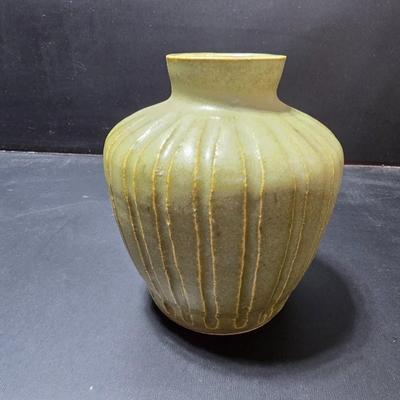 Small Green toned pottery Vases - one signed on base