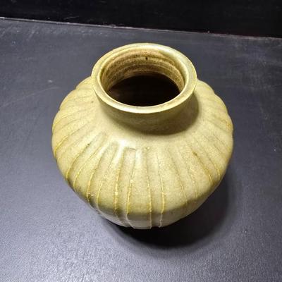 Small Green toned pottery Vases - one signed on base