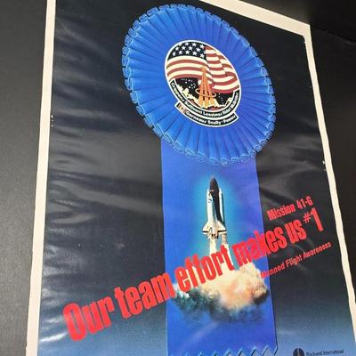 RARE! Rockwell International Space Transportation Mission 41-6 Makes us #1 Poster with We came in Peace space book