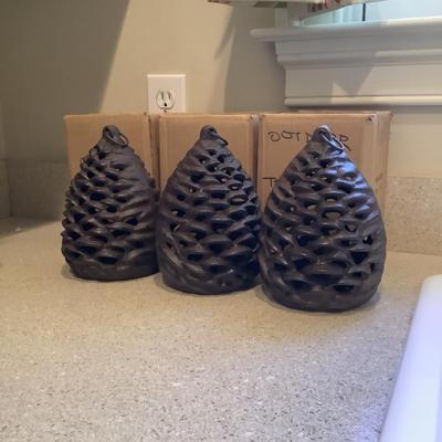 O687 Set of Three Crate & Barrel Iron Pinecone Tealight Lanterns