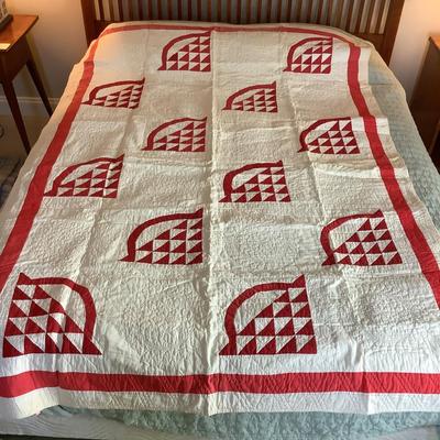 A767 Antique Handmade Red and White Basket Quilt