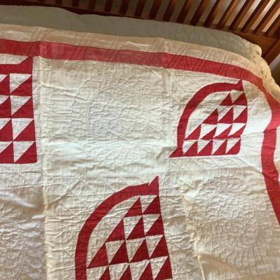 A767 Antique Handmade Red and White Basket Quilt