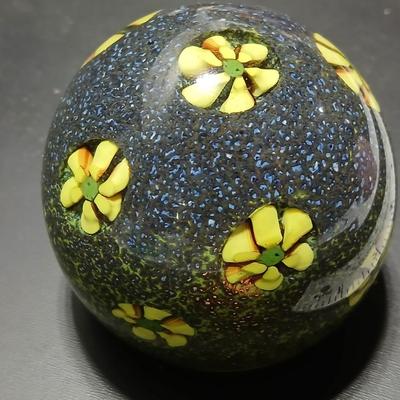 Yellow flower Glass paperweight - with blue and yellow background