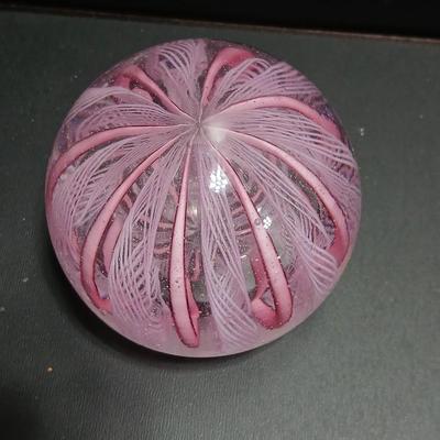Pink and white Murano like glass paperweight - very sweet design!