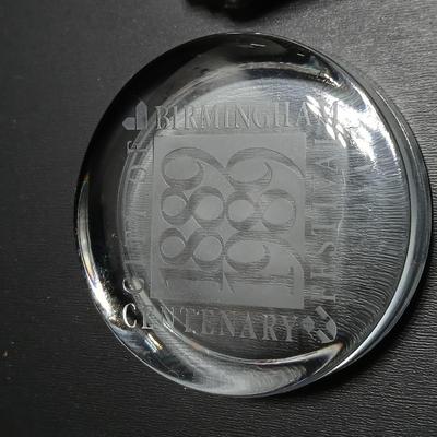 Two clear glass advertisement paperweights - Glass ER II 1977 Silver Jubilee Souvenir/paperweight & City of Birmingham Glass paperweight