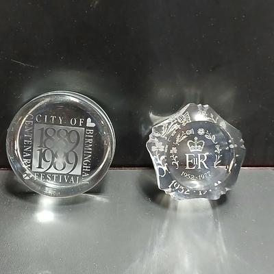Two clear glass advertisement paperweights - Glass ER II 1977 Silver Jubilee Souvenir/paperweight & City of Birmingham Glass paperweight