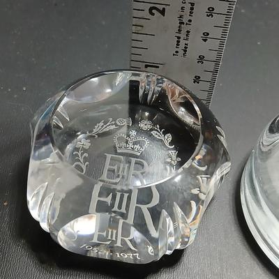 Two clear glass advertisement paperweights - Glass ER II 1977 Silver Jubilee Souvenir/paperweight & City of Birmingham Glass paperweight