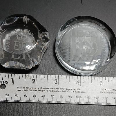 Two clear glass advertisement paperweights - Glass ER II 1977 Silver Jubilee Souvenir/paperweight & City of Birmingham Glass paperweight