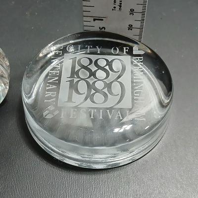 Two clear glass advertisement paperweights - Glass ER II 1977 Silver Jubilee Souvenir/paperweight & City of Birmingham Glass paperweight