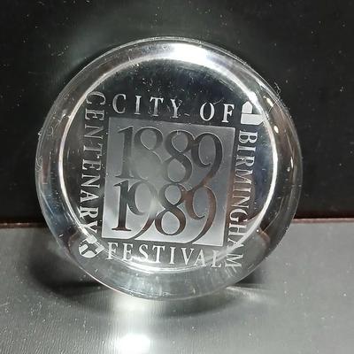 Two clear glass advertisement paperweights - Glass ER II 1977 Silver Jubilee Souvenir/paperweight & City of Birmingham Glass paperweight