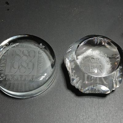 Two clear glass advertisement paperweights - Glass ER II 1977 Silver Jubilee Souvenir/paperweight & City of Birmingham Glass paperweight