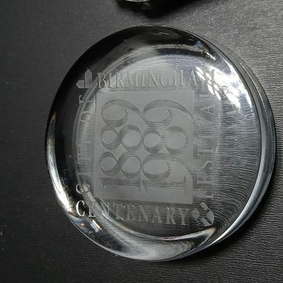 Two clear glass advertisement paperweights - Glass ER II 1977 Silver Jubilee Souvenir/paperweight & City of Birmingham Glass paperweight