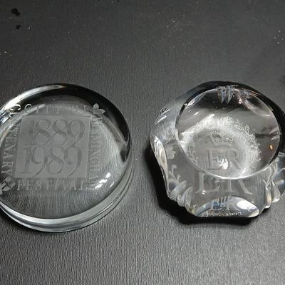 Two clear glass advertisement paperweights - Glass ER II 1977 Silver Jubilee Souvenir/paperweight & City of Birmingham Glass paperweight
