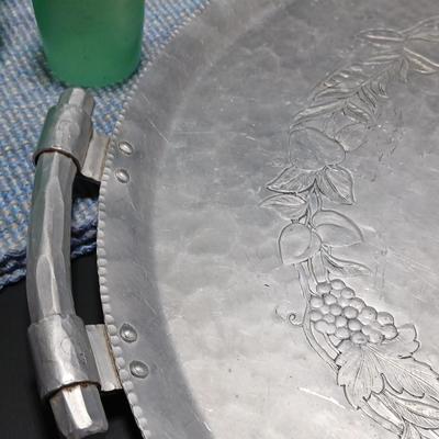 Vintage Hand Forged Hammered Aluminum Handled Fruit Design Serving Plate Tray Aluminum pitcher and vintage plastic pitcher with two small...