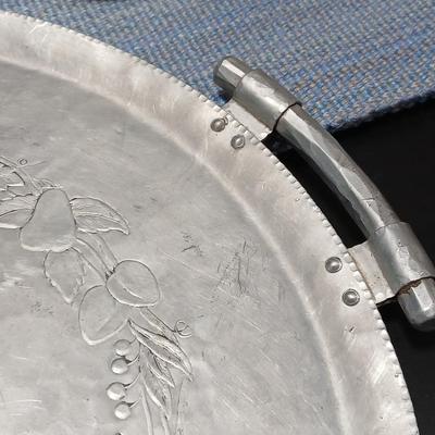 Vintage Hand Forged Hammered Aluminum Handled Fruit Design Serving Plate Tray Aluminum pitcher and vintage plastic pitcher with two small...