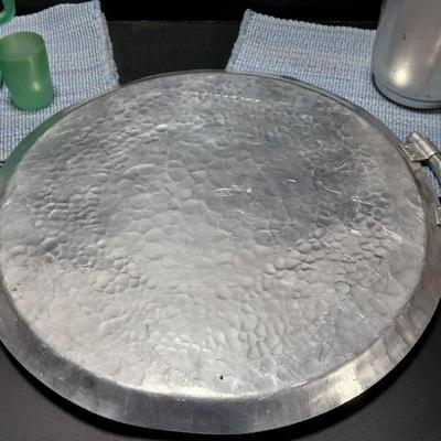 Vintage Hand Forged Hammered Aluminum Handled Fruit Design Serving Plate Tray Aluminum pitcher and vintage plastic pitcher with two small...