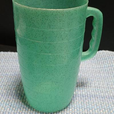 Vintage Hand Forged Hammered Aluminum Handled Fruit Design Serving Plate Tray Aluminum pitcher and vintage plastic pitcher with two small...