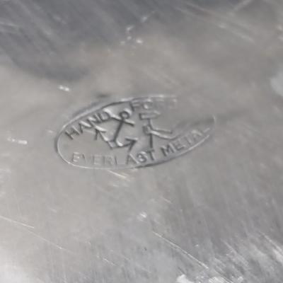 Vintage Hand Forged Hammered Aluminum Handled Fruit Design Serving Plate Tray Aluminum pitcher and vintage plastic pitcher with two small...