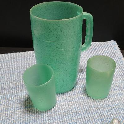 Vintage Hand Forged Hammered Aluminum Handled Fruit Design Serving Plate Tray Aluminum pitcher and vintage plastic pitcher with two small...