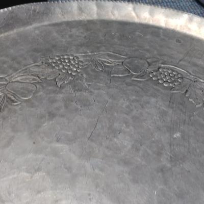 Vintage Hand Forged Hammered Aluminum Handled Fruit Design Serving Plate Tray Aluminum pitcher and vintage plastic pitcher with two small...